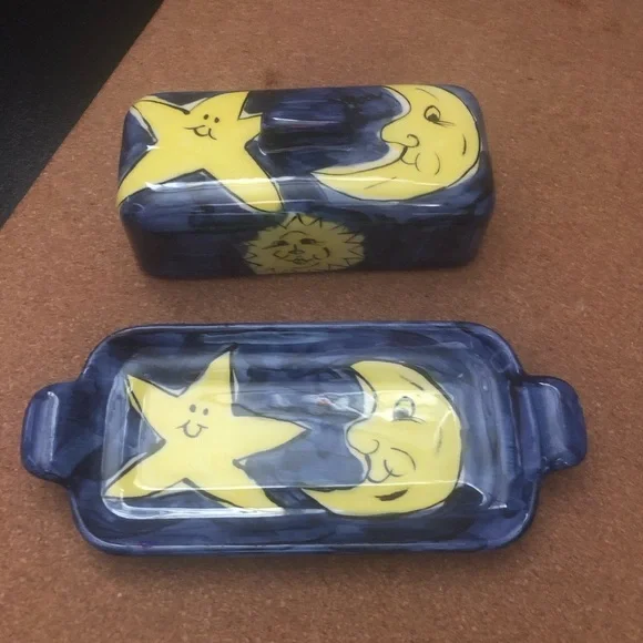 Butter Dish Ceramic Handmade Blue Yellow Moons Suns 9x3” Good Condition Used - Picture 3 of 5
